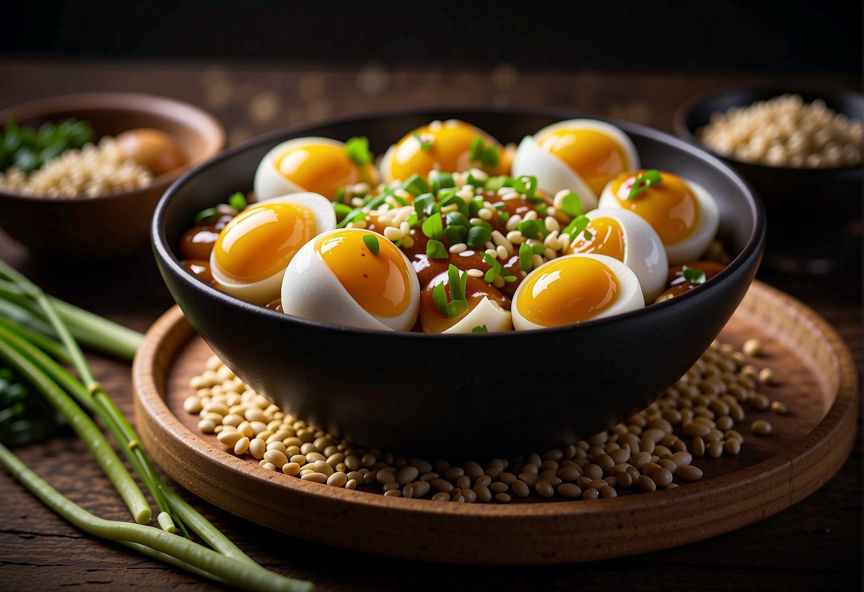 A bowl of marinated eggs in soy sauce, garnished with green onions and sesame seeds, placed on a wooden serving platter