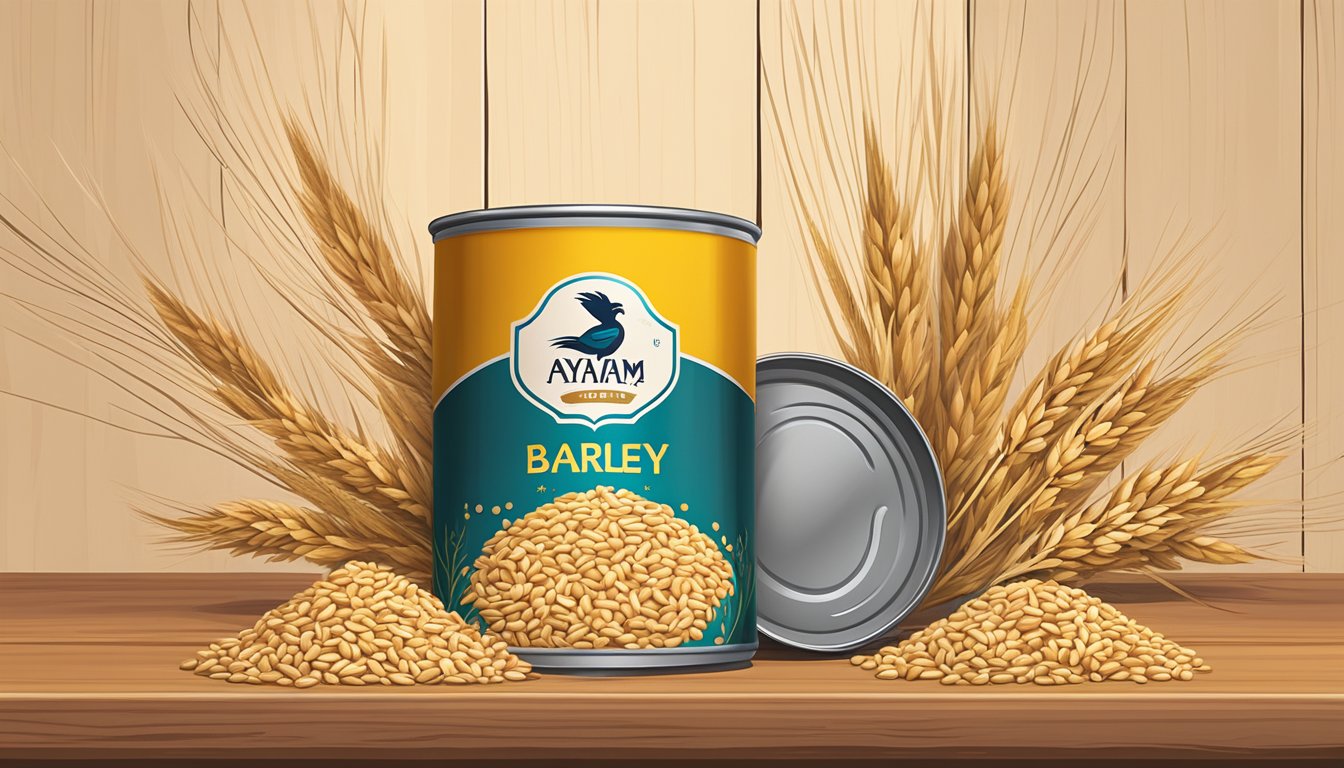 A can of Ayam Brand barley sits on a wooden table, surrounded by scattered barley grains and a few dried barley stalks