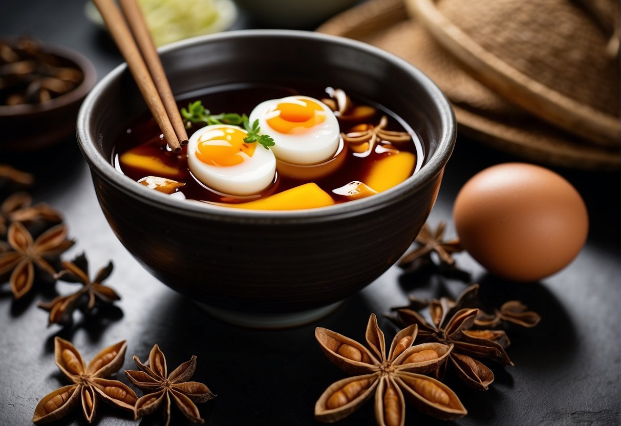 A pot of simmering soy sauce, star anise, and tea leaves infusing with hard-boiled eggs, symbolizing the cultural significance of the Chinese soy sauce egg recipe