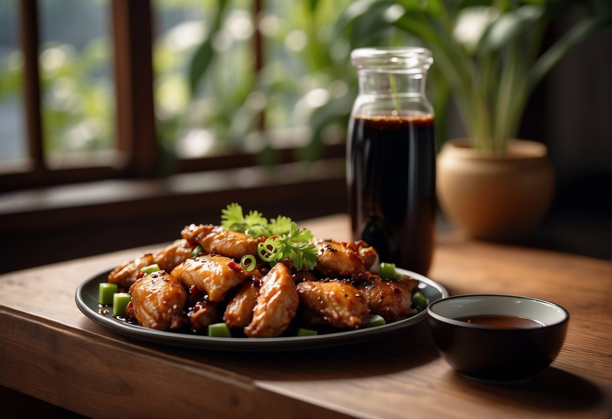 A platter of Chinese soy sauce chicken with garnishes, alongside a glass jar of soy sauce, on a wooden table