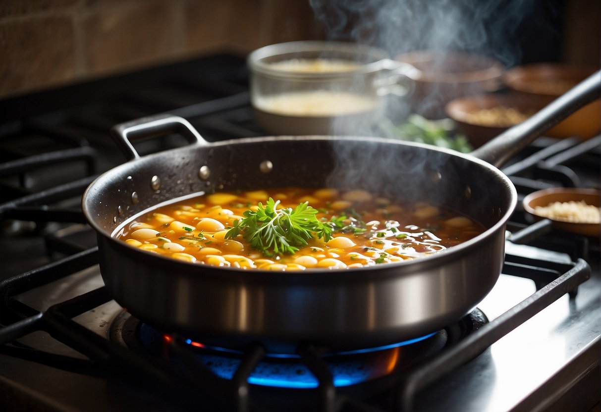 A pot simmering on a stove, filled with a savory mixture of soy sauce, spices, and eggs, emitting a rich, aromatic steam