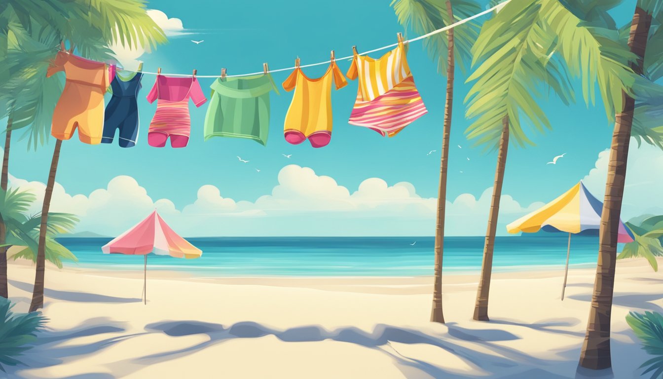A beach with colorful swimsuits displayed on a clothesline, surrounded by palm trees and a clear blue ocean
