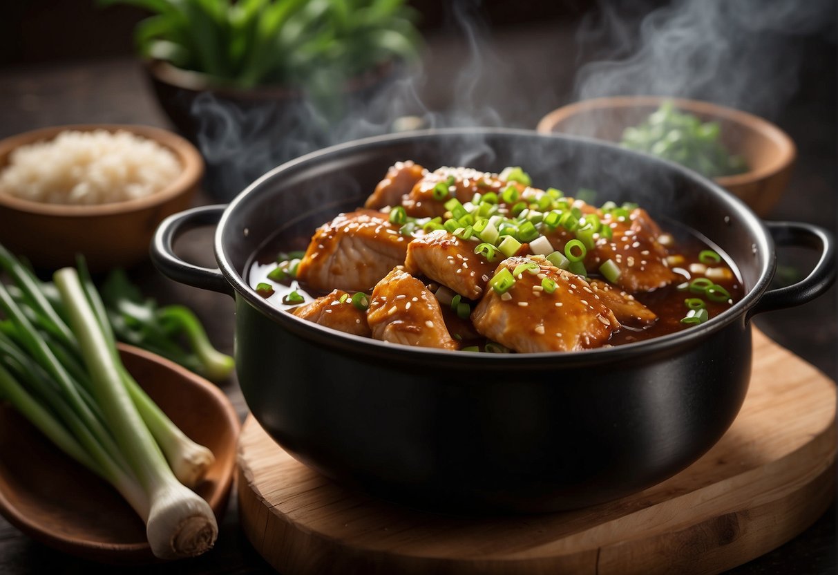 A pot of simmering soy sauce chicken surrounded by ginger, garlic, and green onions. Steam rises as the rich aroma fills the kitchen