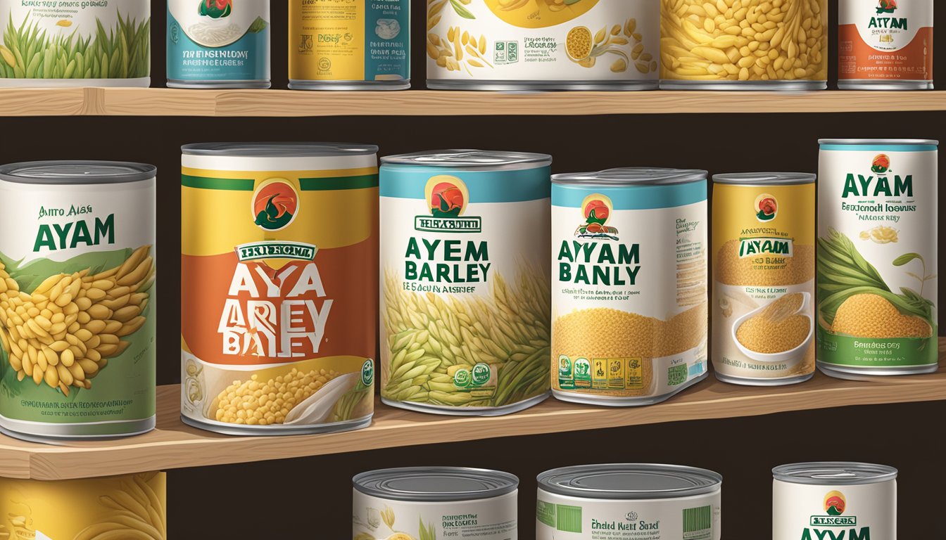 A can of Ayam Brand barley sits on a shelf, surrounded by other Ayam Brand products
