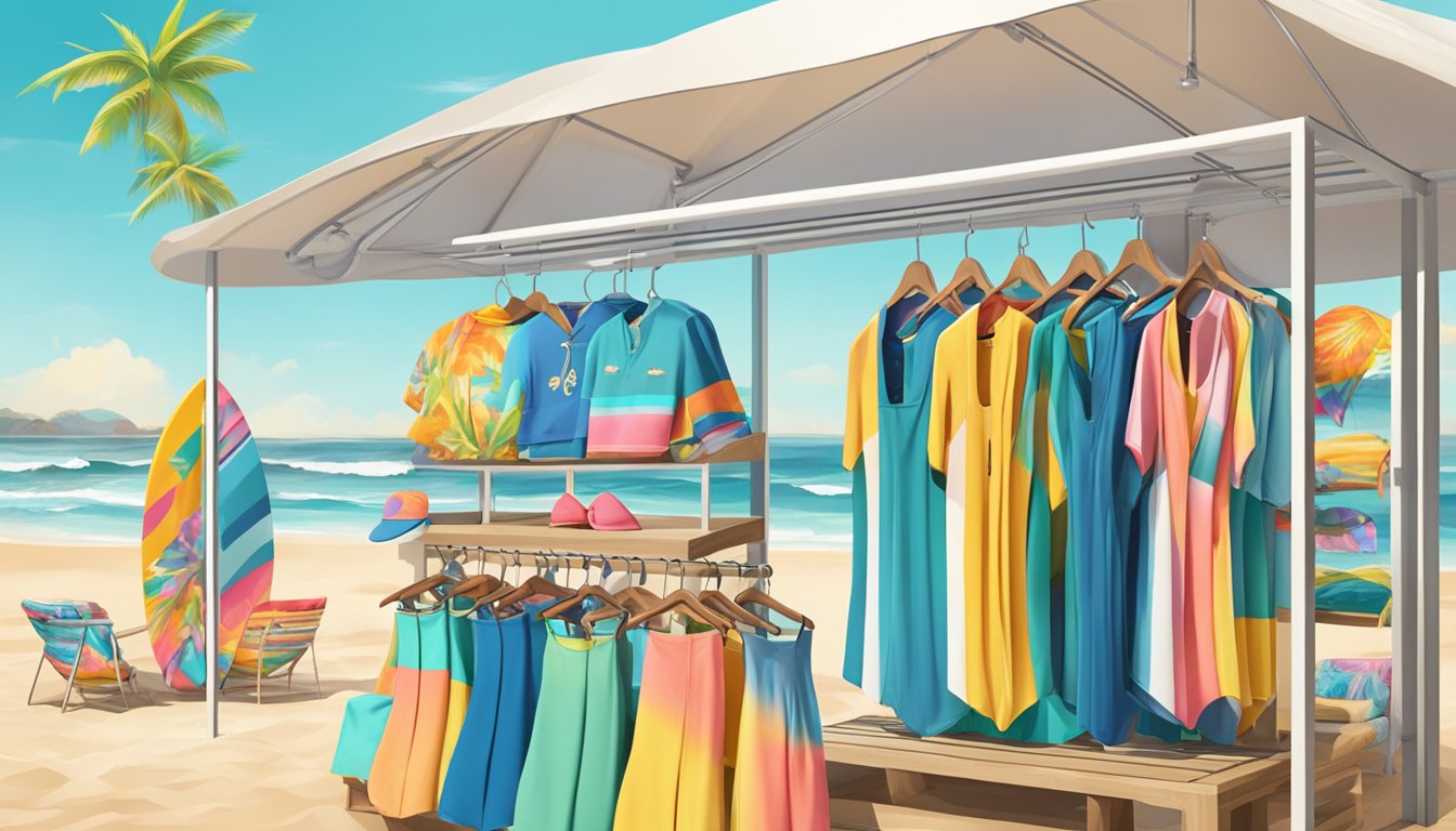 Vibrant beach scene with Australian swimwear brands displayed on mannequins and racks. Sun, sand, and surf in the background