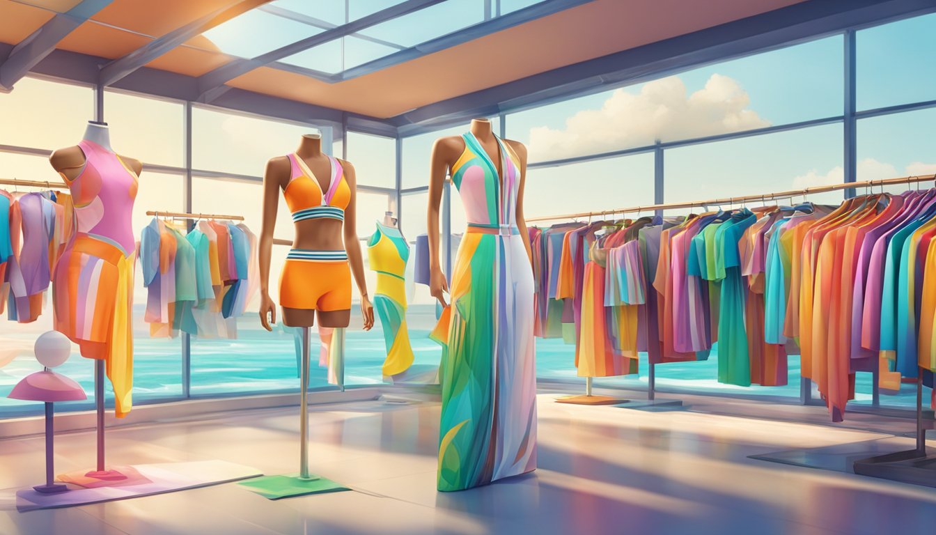 A vibrant beach scene with colorful, modern swimwear displayed on mannequins, surrounded by sleek, innovative design elements