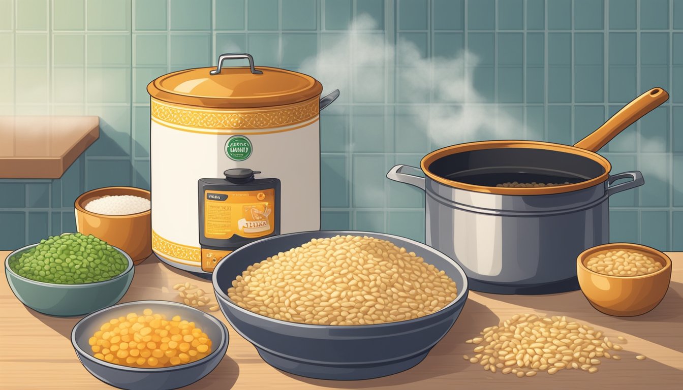 A pot of boiling barley simmers on the stove, steam rising. A can of Ayam Brand barley sits nearby. Ingredients and utensils are neatly arranged on the counter