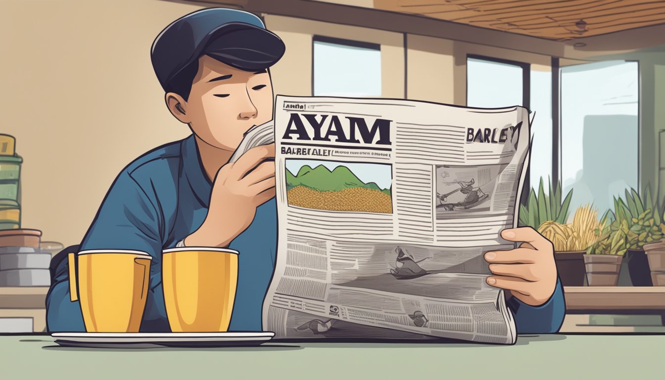 A person reading a newspaper with an Ayam Brand Barley can in the background