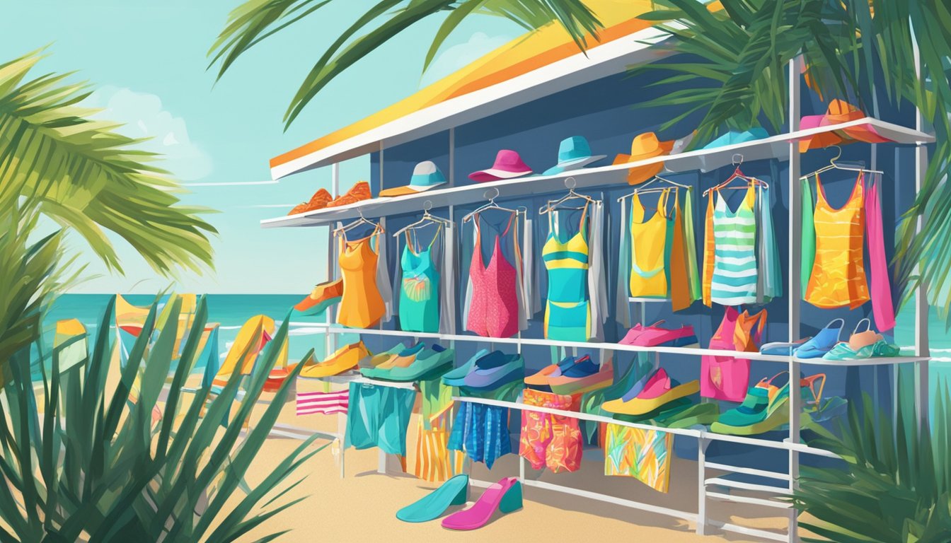 A beach setting with colorful Australian swimwear brands displayed on a rack, surrounded by palm trees and ocean waves