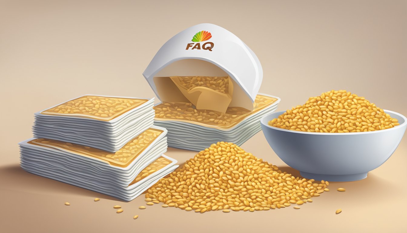 A stack of colorful FAQ cards with "Ayam Brand Barley" printed on them, surrounded by various barley grains and a bowl of cooked barley