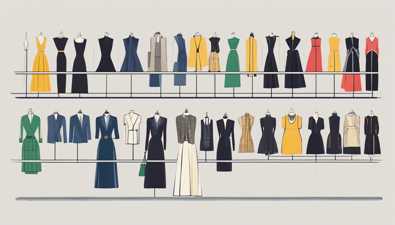 A timeline of fashion brand logos, from vintage to modern, displayed on a runway-style catwalk