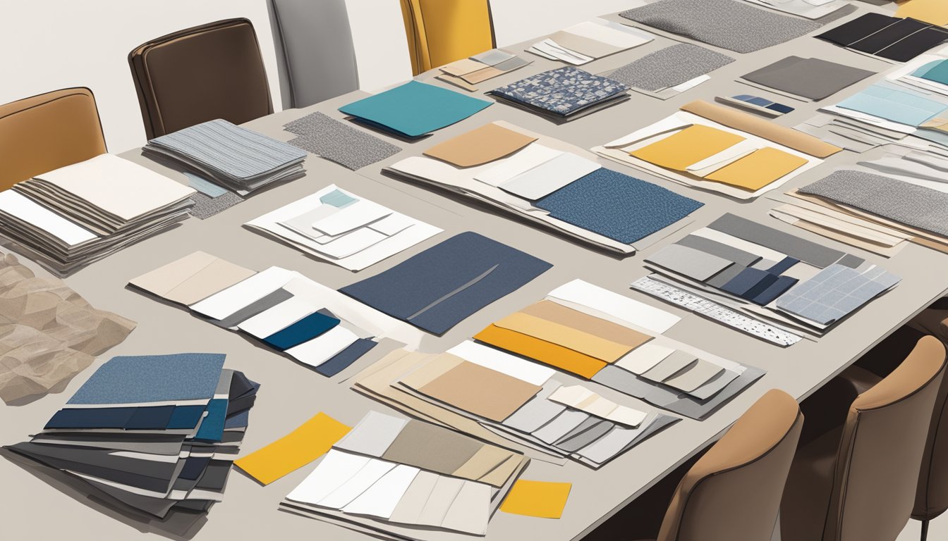 A runway lined with iconic fashion houses' logos, with designer sketches and fabric swatches scattered on a table