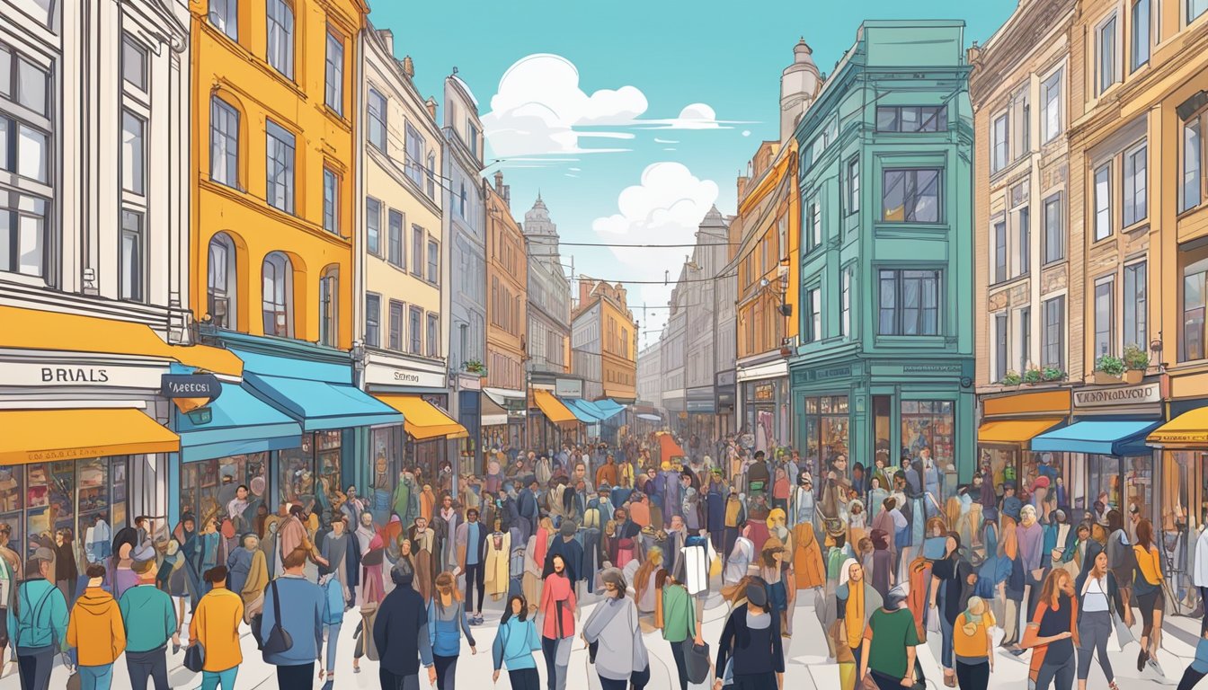 A bustling high street lined with top fashion brands' storefronts. Bright, colorful signage and bustling crowds