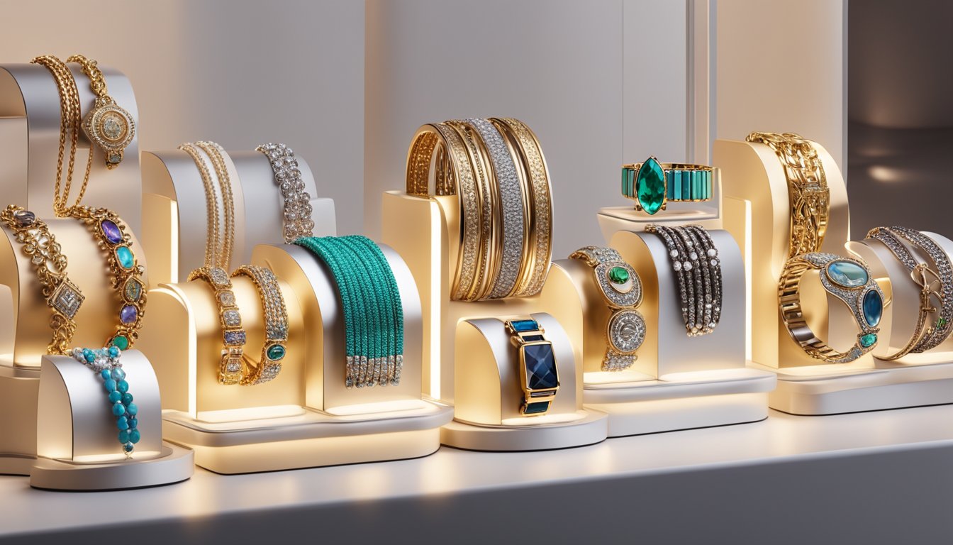 Various bracelet brands displayed on a sleek, modern jewelry stand. Bright lights highlight the intricate designs and diverse materials used