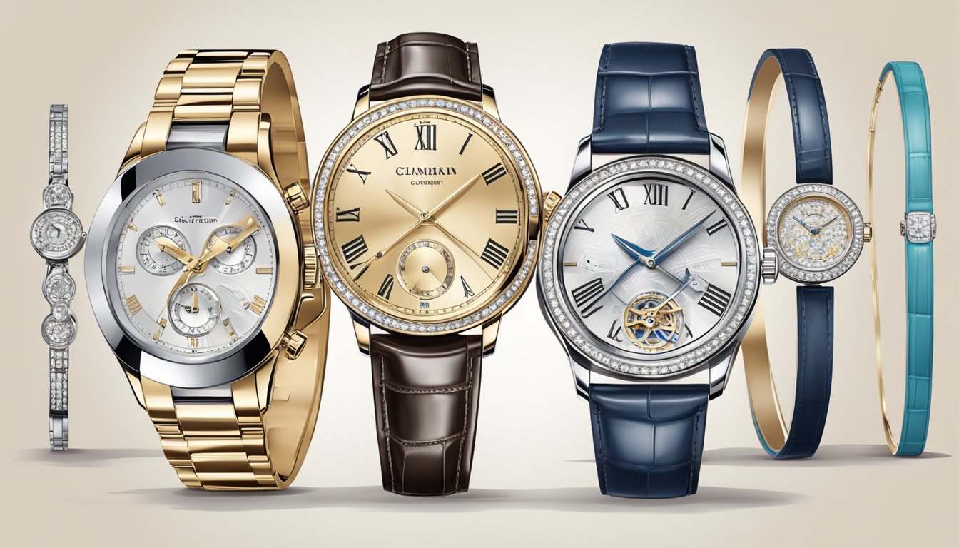 A display of luxury timepieces and accessories from top fashion brands