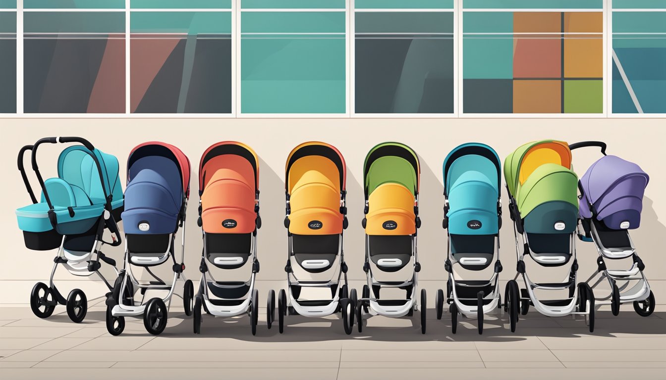 A row of colorful baby strollers lined up outside a store, with logos of different brands displayed prominently