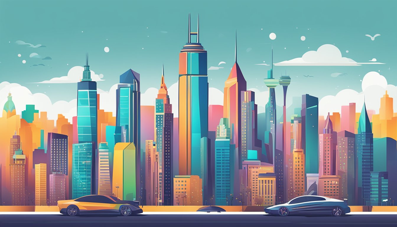 A vibrant, modern city skyline with iconic landmarks and a sleek logo prominently displayed