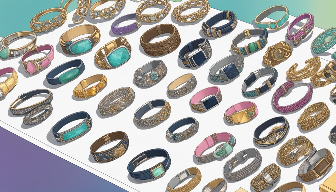 A display of various bracelets from different brands, showcasing a variety of styles, materials, and designs