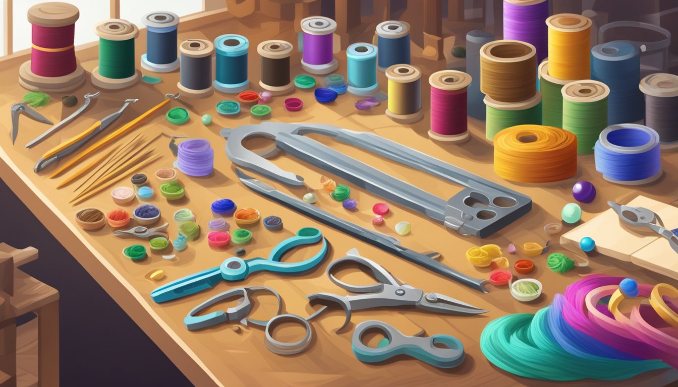 A table with various tools and materials for bracelet making, including beads, threads, and pliers, showcased in a well-lit workshop