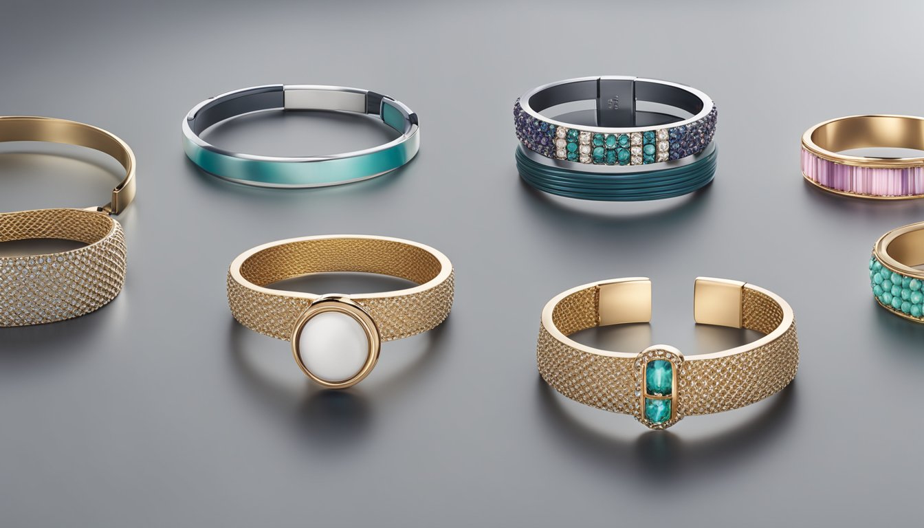 A display of various bracelet brands arranged on a sleek, modern surface with soft lighting highlighting the unique designs and colors