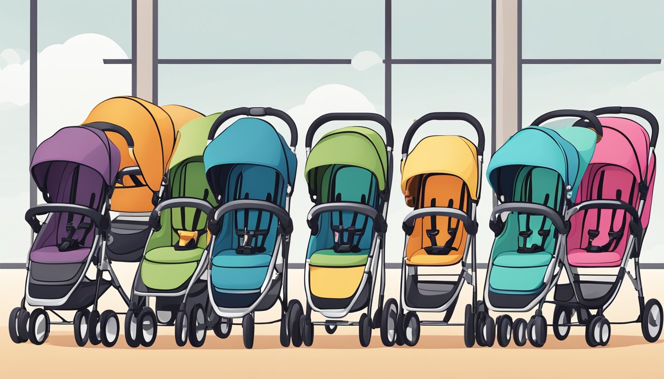 A display of top baby stroller brands lined up in a bright, spacious showroom. Each stroller is showcased with its unique features and designs