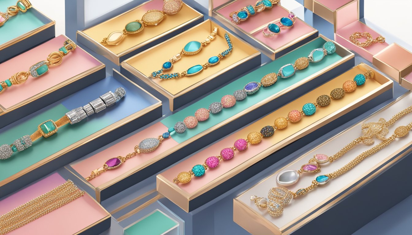 A display of trendy and diverse bracelet collections, showcasing various styles and materials in a well-lit and modern setting