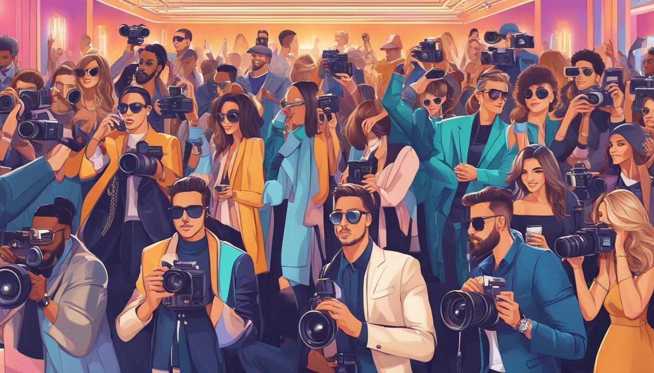 Celebrities and influencers wearing top fashion brands, surrounded by cameras and flashing lights at a glamorous event