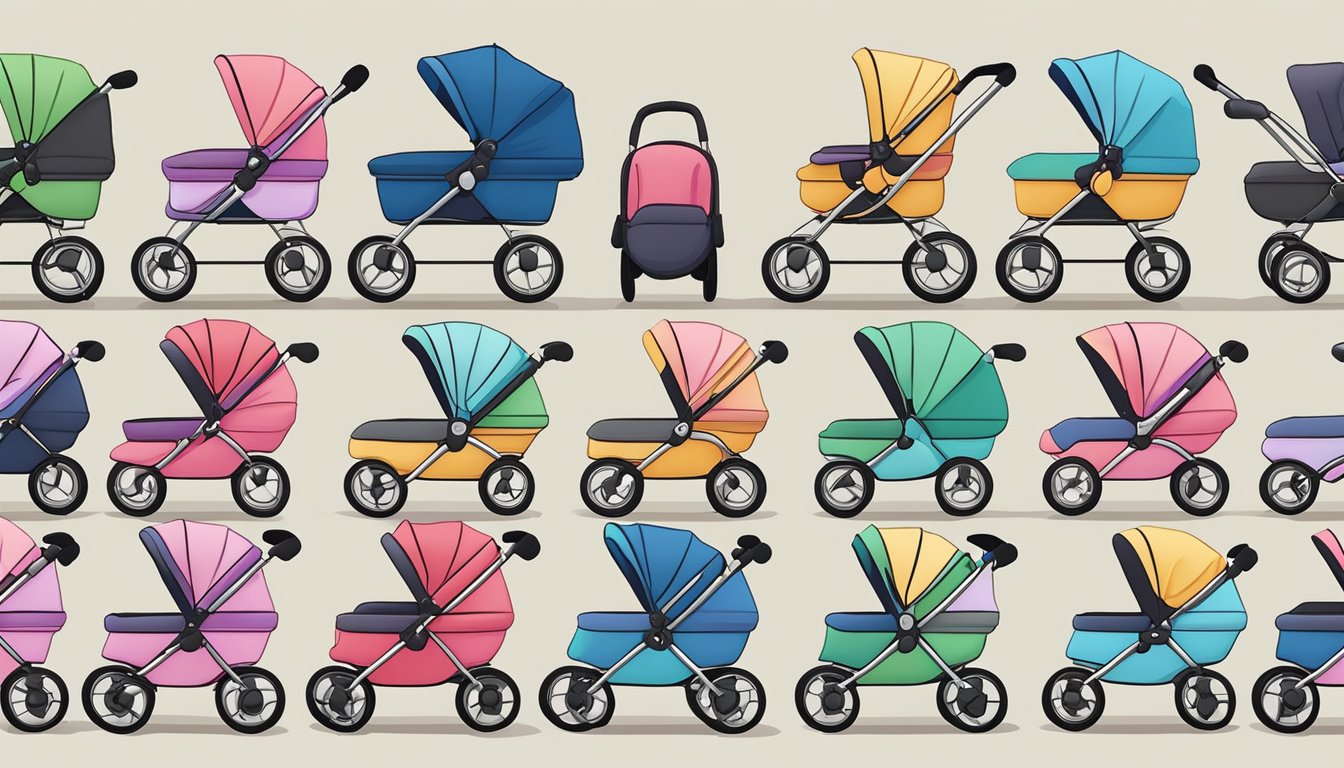 A colorful array of baby strollers lined up in a row, showcasing different designs, features, and sizes. The strollers are displayed in a bright and spacious showroom, with soft lighting to highlight their essential features