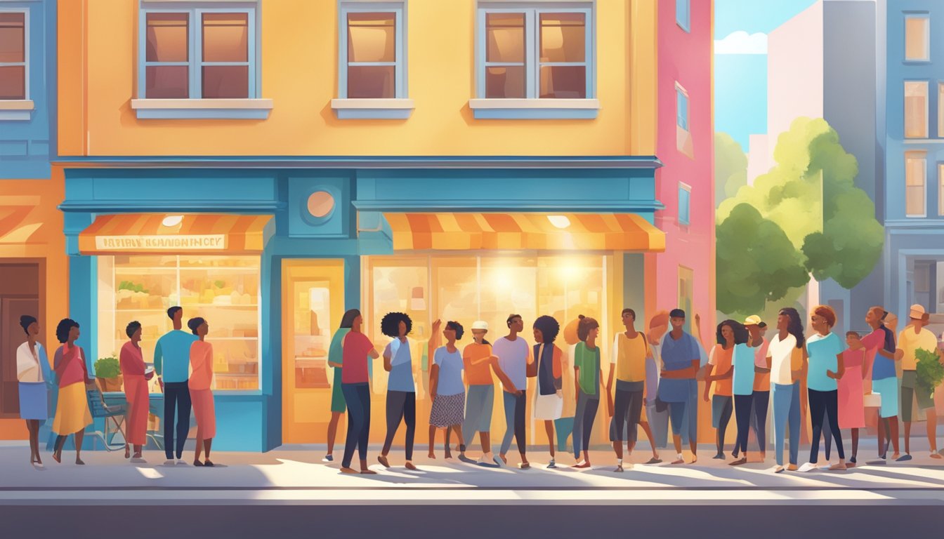 A bright sun shining over a smiling, diverse group of people, with a colorful and welcoming storefront in the background