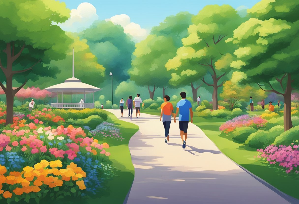 Lush green trees and colorful flowers surround a peaceful park with people walking, exercising, and relaxing. Green spaces can promote the health and well-being of individuals and communities by encouraging physical exercise, social connection, and community participation.
