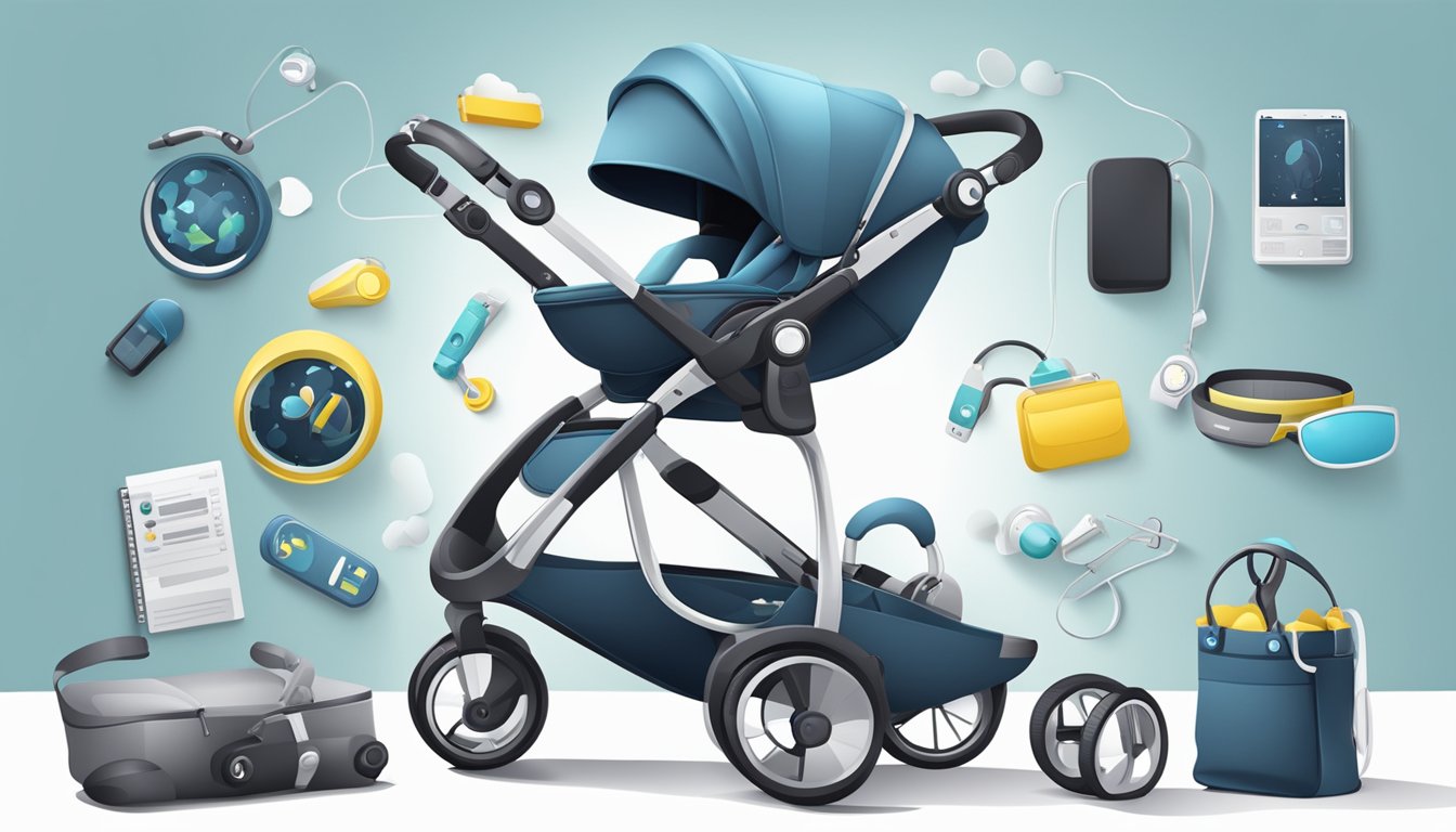 A sleek, modern baby stroller surrounded by high-tech gadgets and accessories