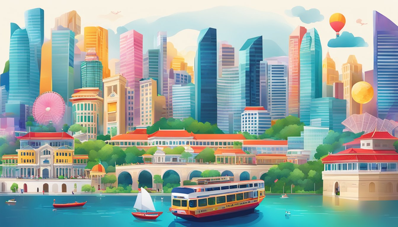 A vibrant cityscape of Singapore with iconic landmarks, showcasing HSBC Credit Cards being used at various merchants and attractions