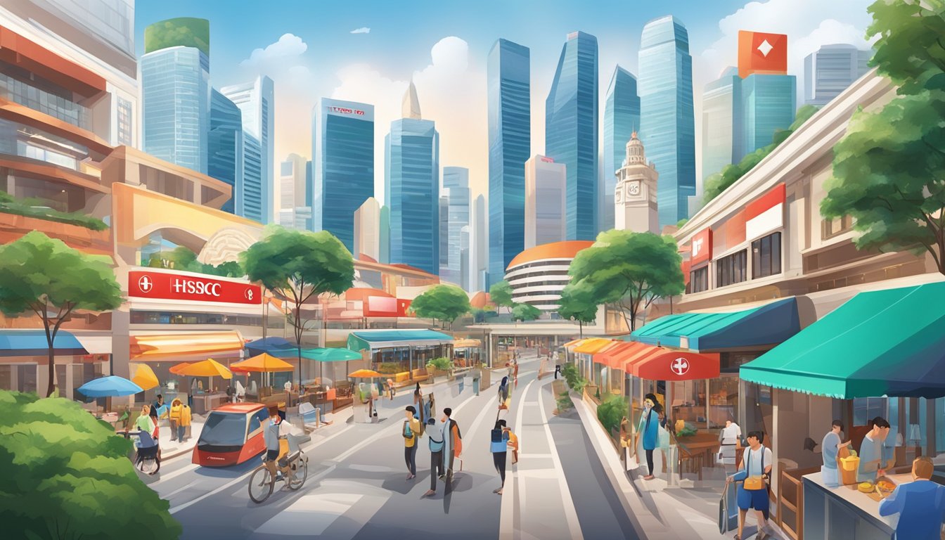 A bustling cityscape with iconic landmarks, modern amenities, and a variety of leisure and dining options, showcasing the convenience and lifestyle perks offered by HSBC credit cards in Singapore