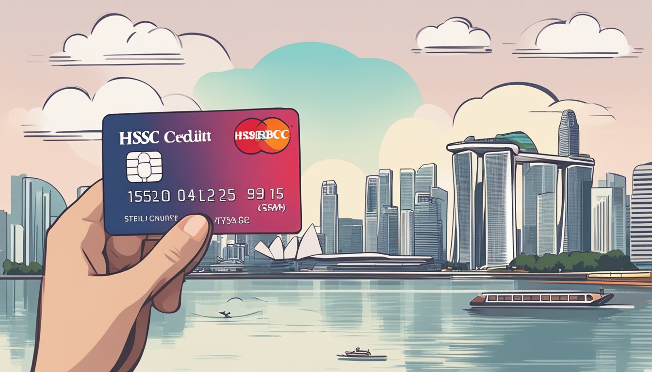 A hand holding an HSBC credit card with Singapore landmarks in the background. Text bubbles with eligibility and application details