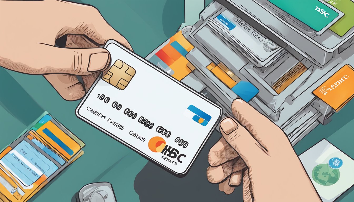 A hand holding an HSBC credit card with various features and services surrounding it, such as cashback, rewards, and travel perks