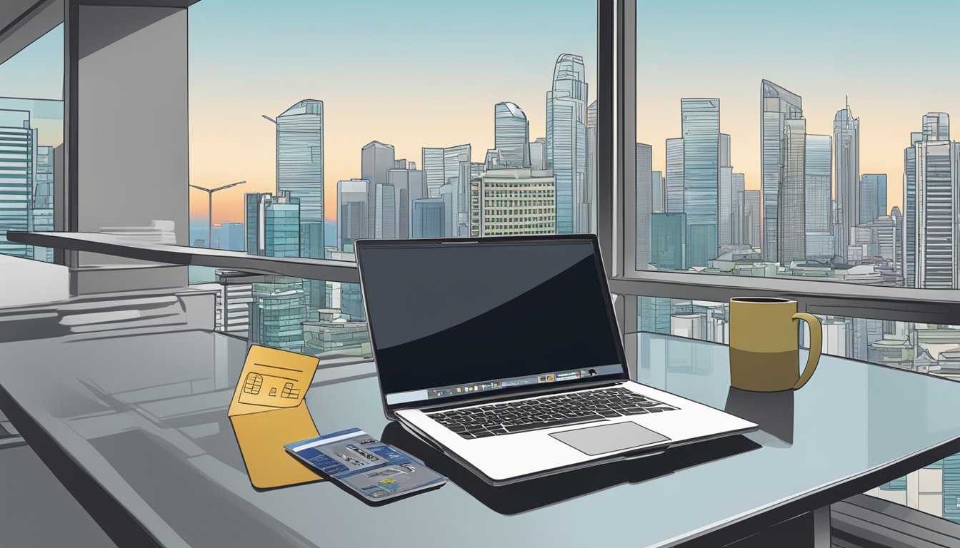A table with a laptop, credit card, and FAQ booklet. HSBC logo in the background. Singapore city skyline visible through a window