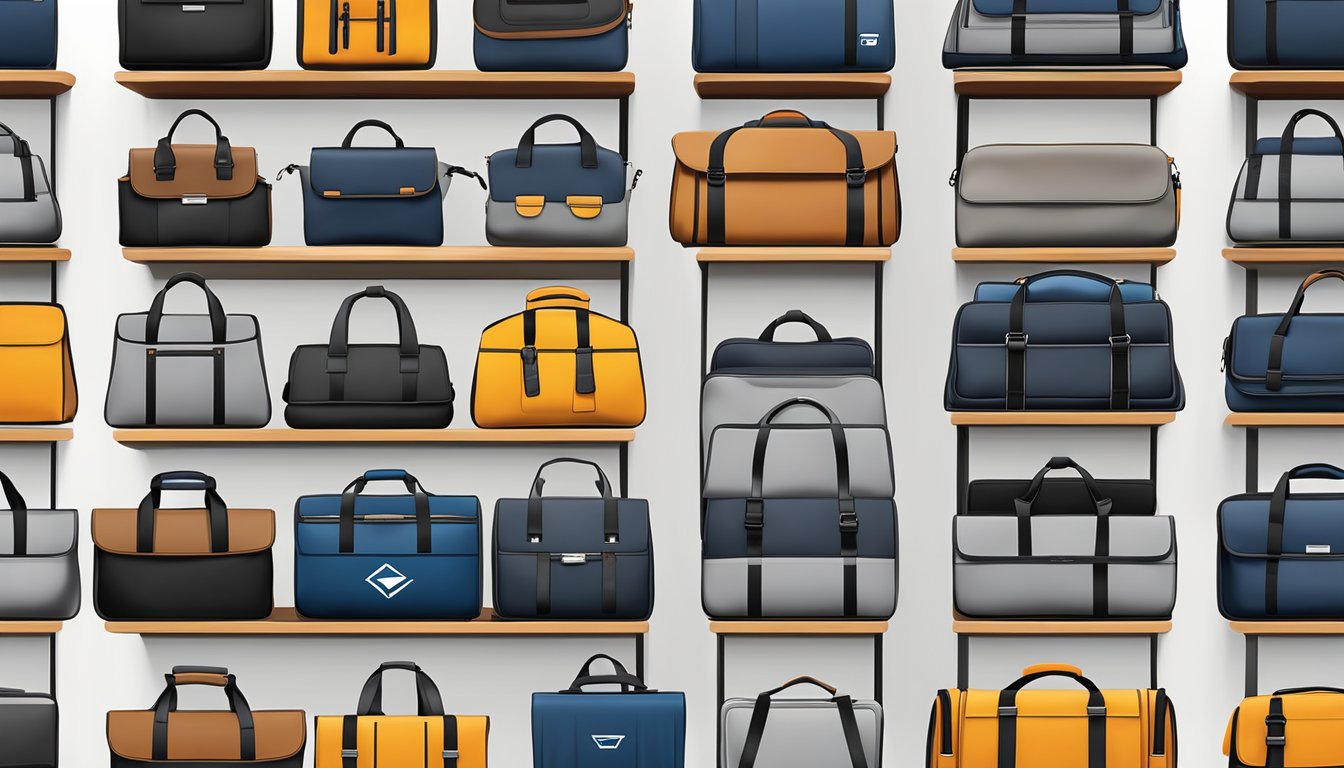 A row of branded laptop bags lined up on a sleek, modern display shelf. Each bag features a distinct logo or design, creating a visually appealing and organized presentation
