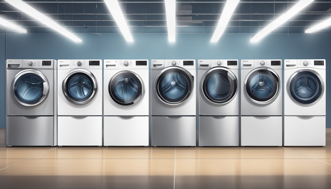 Various washing machine brands lined up in a brightly lit showroom, each displaying their unique features and designs
