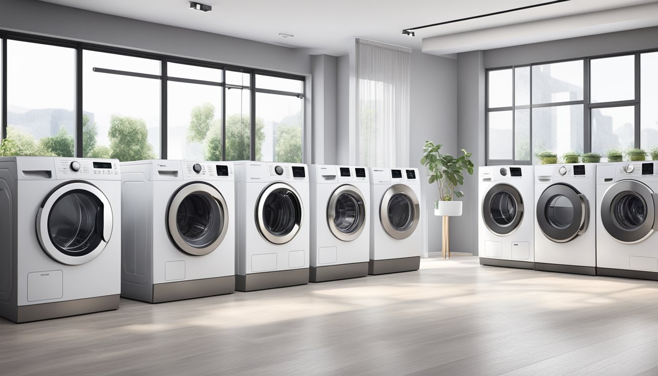 Various top washing machine brands lined up in a bright, spacious showroom, each with sleek designs and modern features