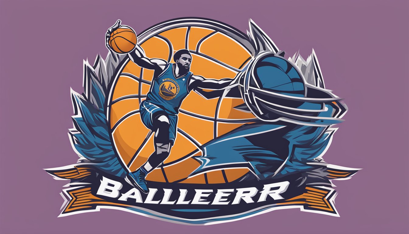 A basketball flies through the air toward a hoop, with the "baller brand" logo prominently displayed on its surface