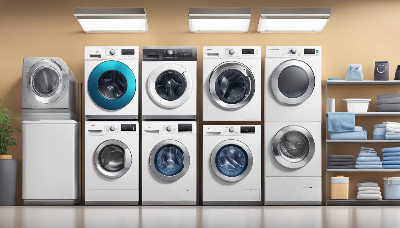 Various types of washing machines from different brands lined up in a showroom, showcasing front load, top load, and compact models
