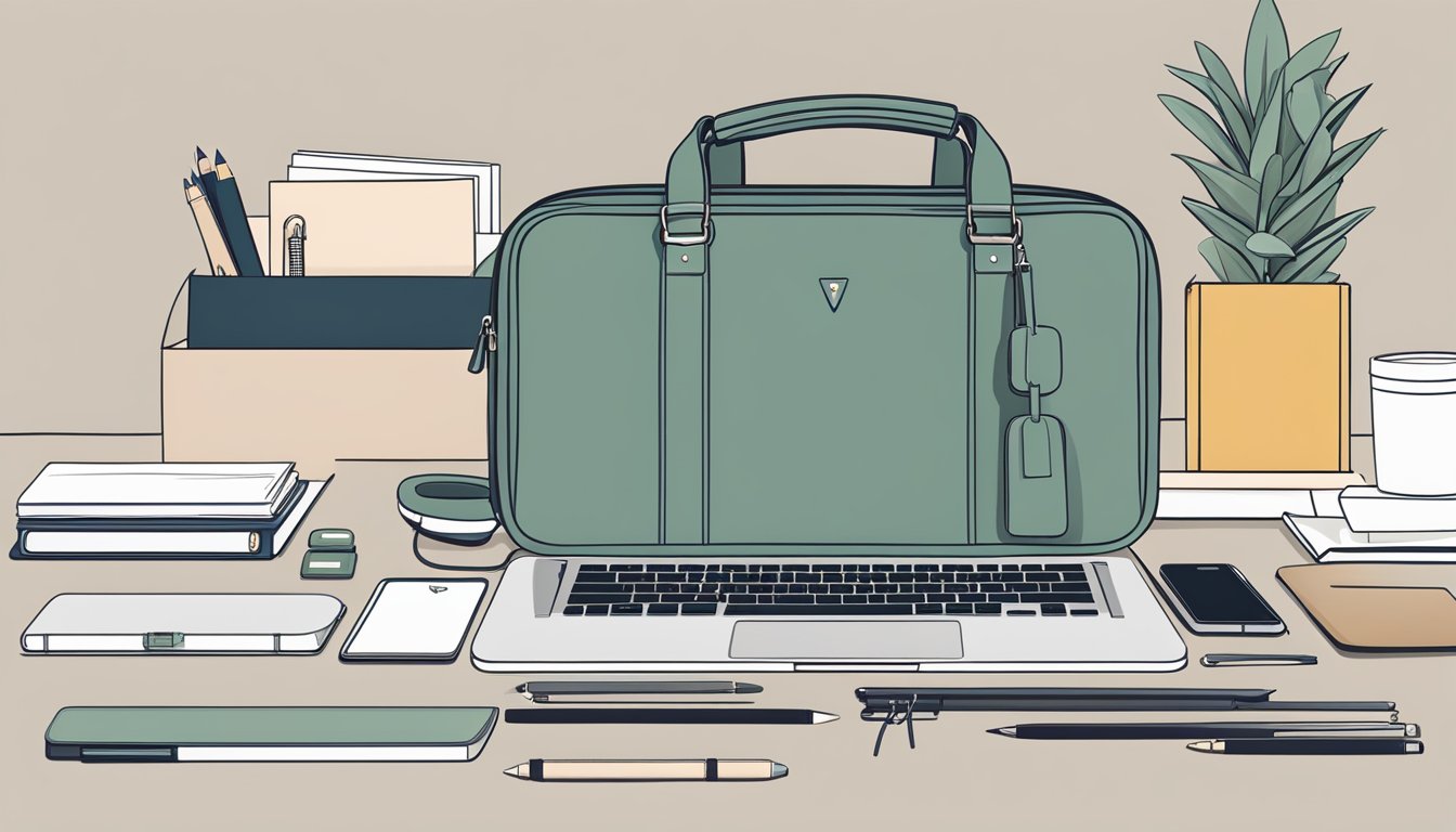 A sleek laptop bag sits on a modern desk, surrounded by minimalist office supplies. Clean lines and neutral colors exude sophistication