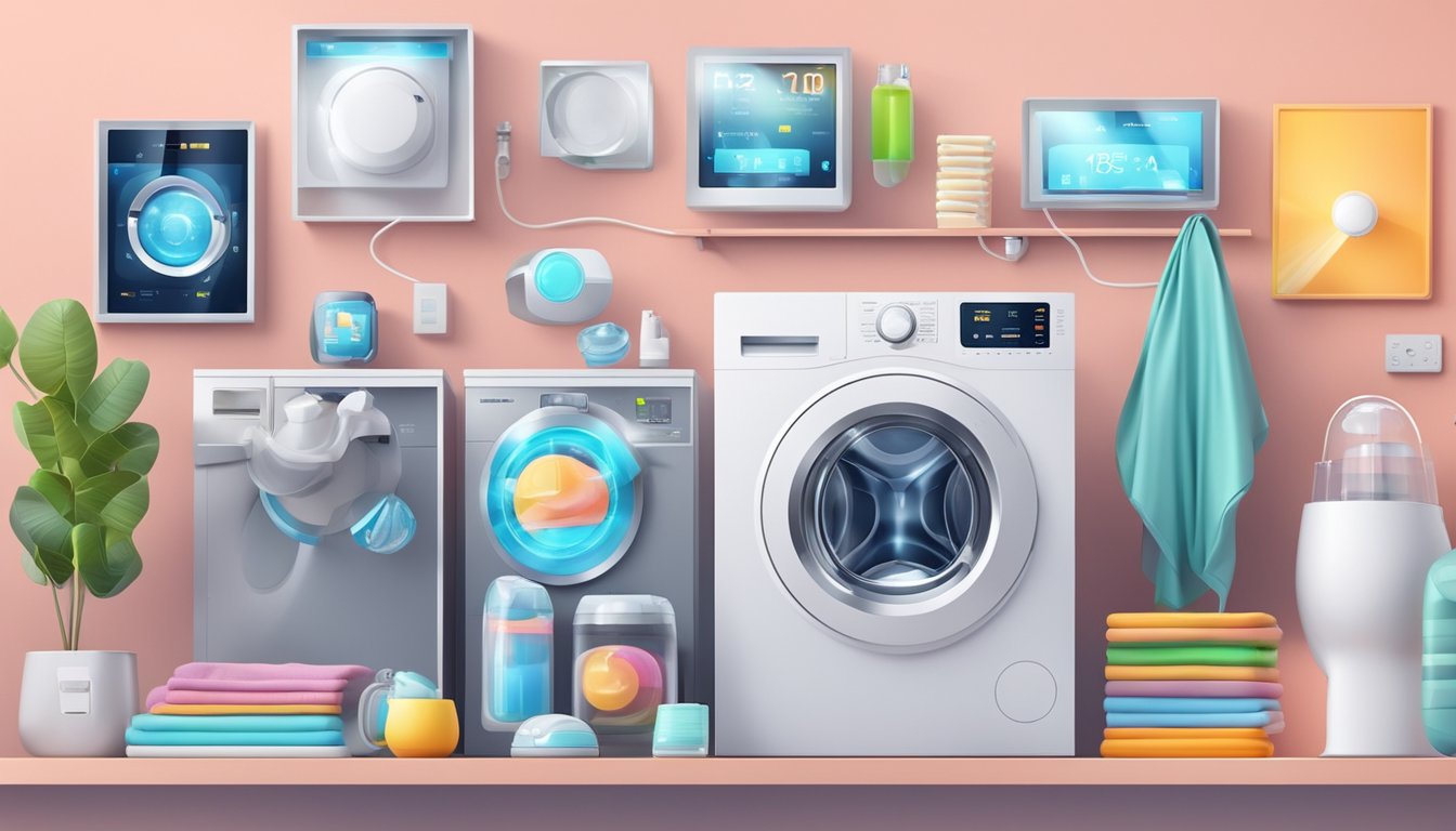 A modern washing machine with digital display and advanced sensors, surrounded by futuristic gadgets and smart home devices