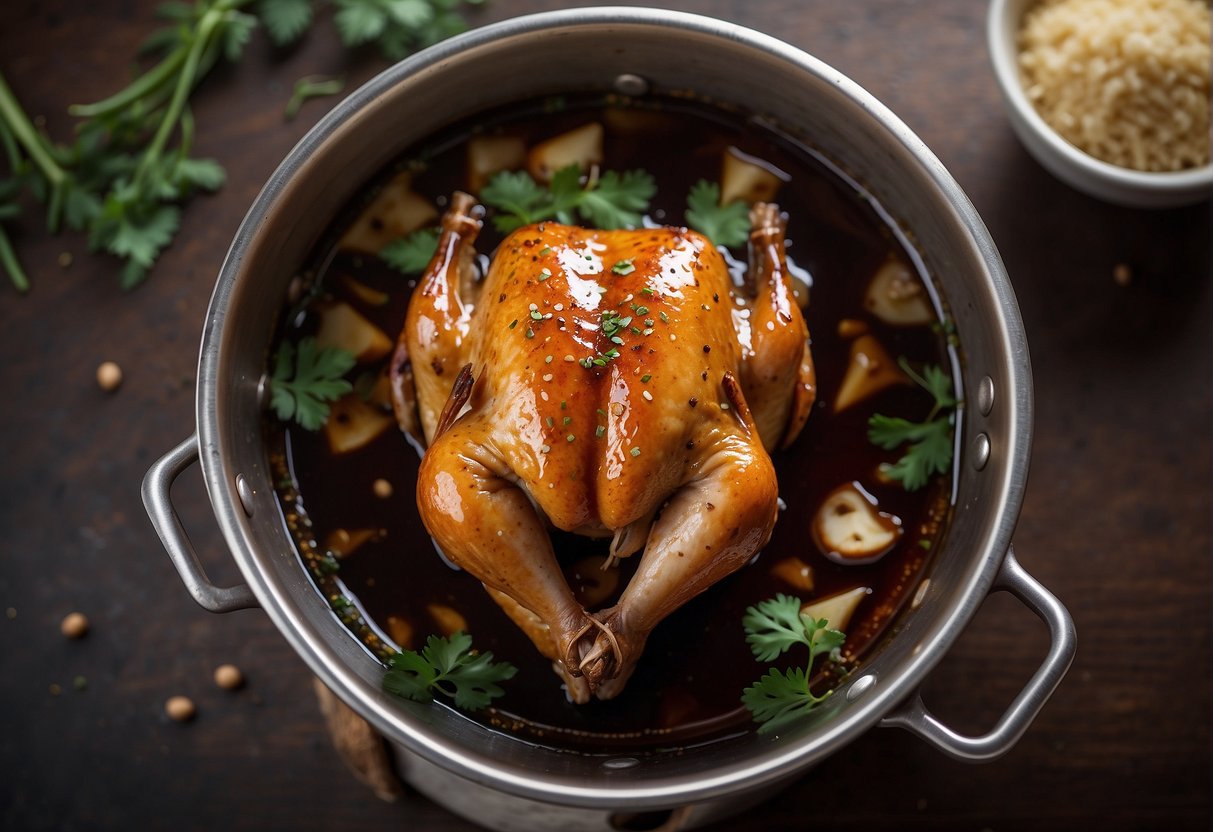 A whole chicken simmering in a pot of dark, glossy soy sauce, with aromatic spices and herbs floating on the surface