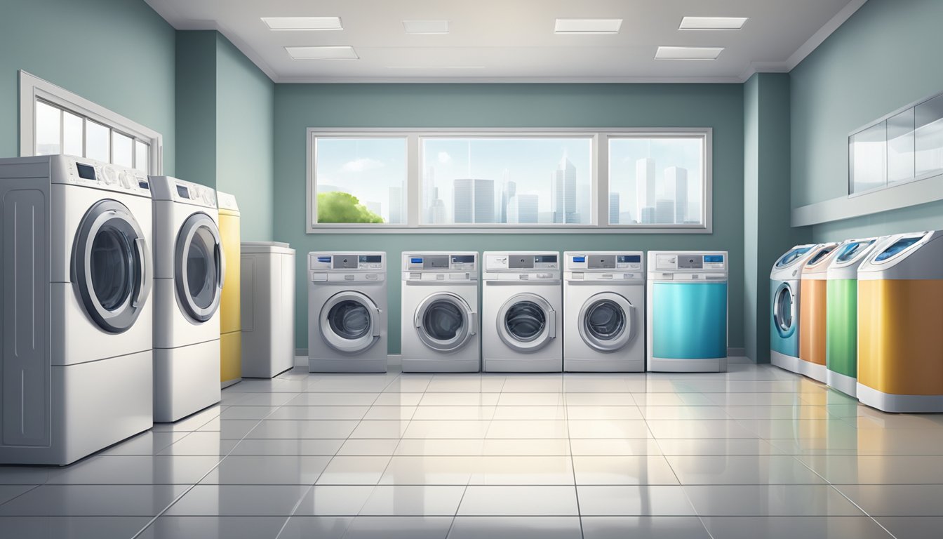A row of washing machines lined up in a spacious, well-lit showroom, each displaying different capacities and designs