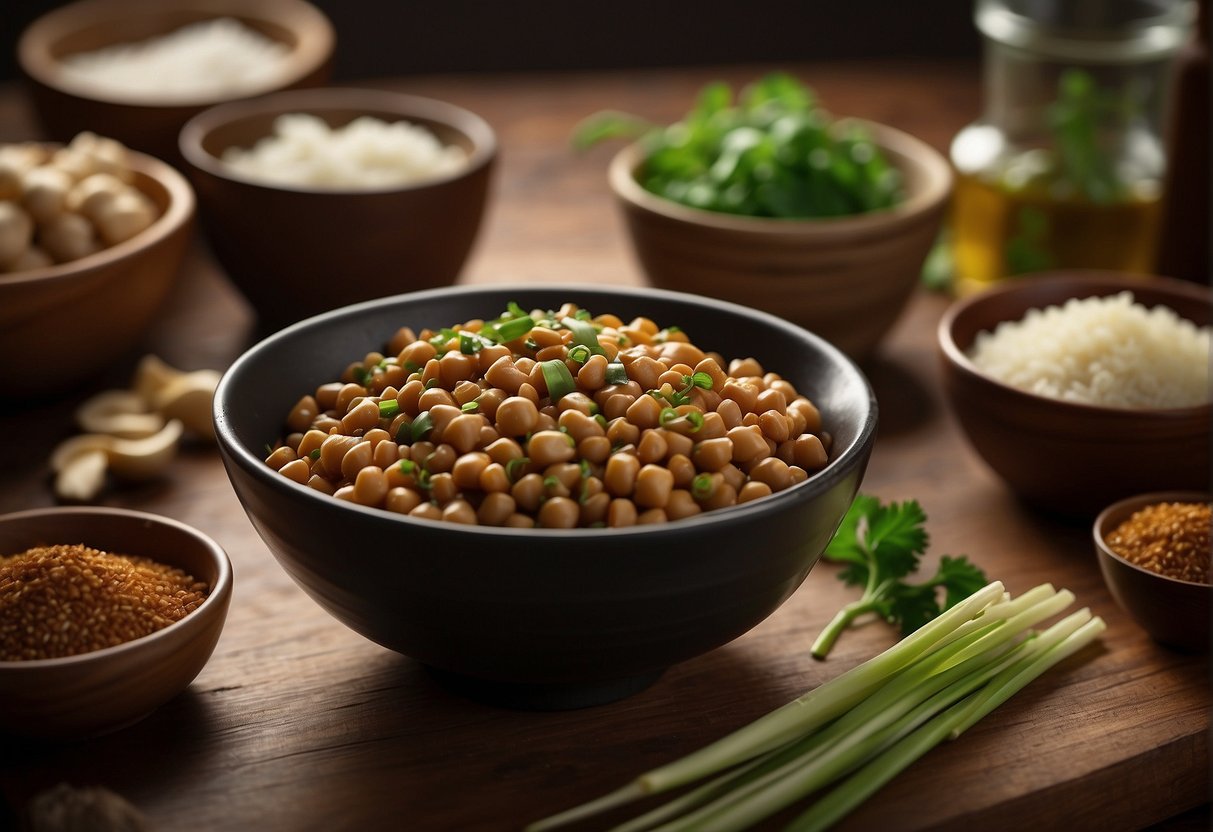 A bowl of Chinese soybean paste sits on a wooden table, surrounded by ingredients like ginger, garlic, and green onions. A wok sizzles on the stove, ready for cooking