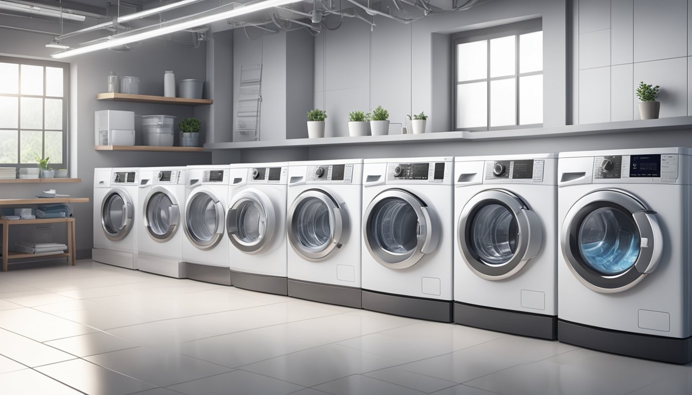 A row of modern washing machines, labeled with "Maintenance and Longevity" brands, stand in a clean, well-lit laundry room