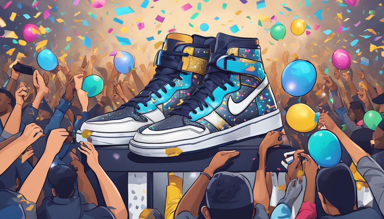 A crowd cheers as a sleek, branded baller shoe is unveiled on a stage, surrounded by flashing lights and confetti. A banner reads "Milestones" in bold letters