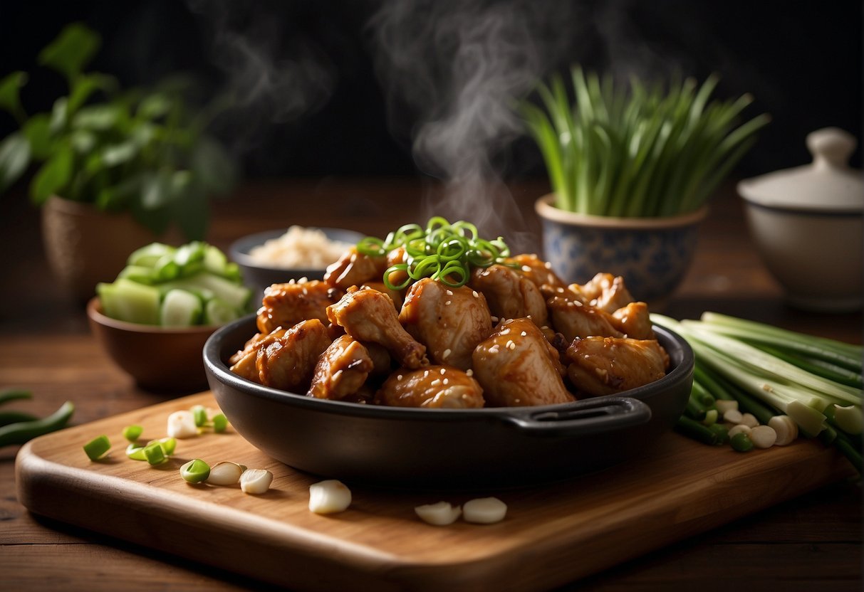 A steaming pot of Chinese soya sauce chicken surrounded by ginger, garlic, and green onions on a wooden cutting board