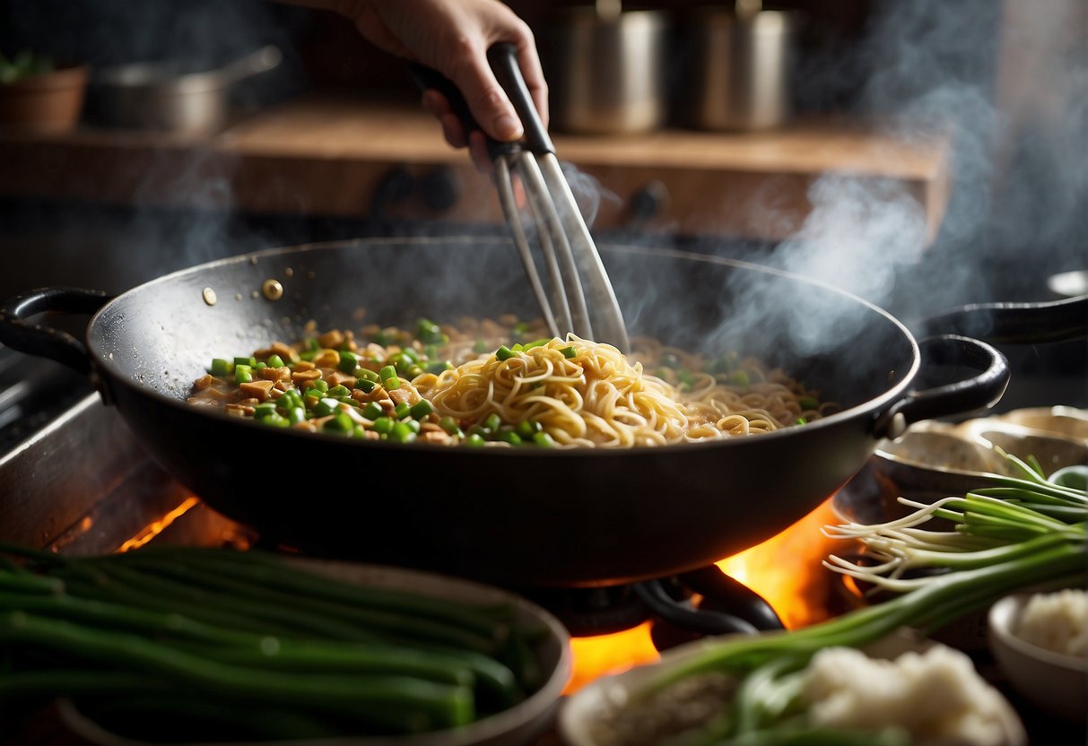 A wok sizzles as soybean paste is stirred in with garlic, ginger, and green onions. Steam rises as the savory aroma fills the kitchen